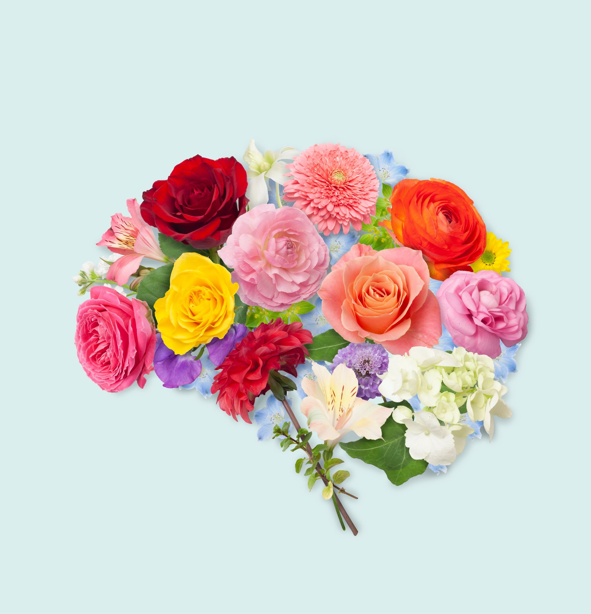 En bukett av färgglada rosor i form av en hjärna