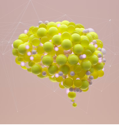 Gula ballonger i form av en hjärna eller pratbubbla. Beige bakgrund.